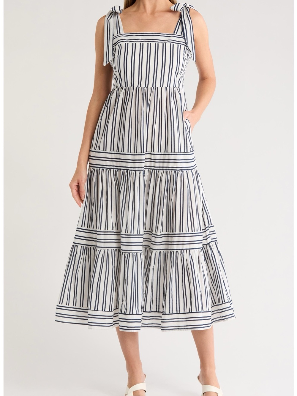 Ellen Tracey Navy and White Striped Tie-Shoulder Midi Dress
